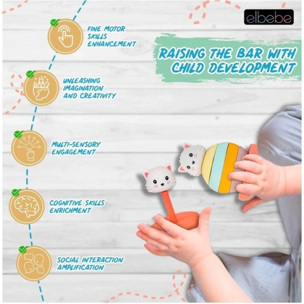 Elbebe Silicone Stackable Animal (Cat) BPA Free 6 Months-4 Years Montessori Toy‎